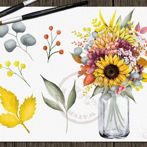 May include: A watercolor painting of a bouquet of sunflowers, burgundy flowers, and greenery in a clear glass jar. The bouquet is surrounded by individual watercolor illustrations of leaves, berries, and sprigs of flowers.