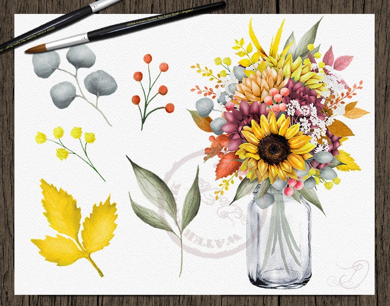 May include: A watercolor painting of a bouquet of sunflowers, burgundy flowers, and greenery in a clear glass jar. The bouquet is surrounded by individual watercolor illustrations of leaves, berries, and sprigs of flowers.