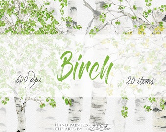 Watercolor Birch Tree Clipart Leaves Greenery Foliage Clip Art Green Watercolour Birch Green Leaves Illustration Wedding Invitation Foliage