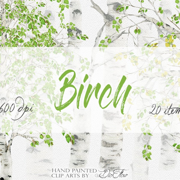 Watercolor Birch Tree Clipart Leaves Greenery Foliage Clip Art Green Watercolour Birch Green Leaves Illustration Wedding Invitation Foliage