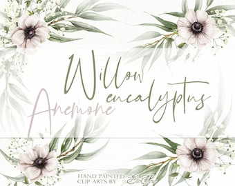 Aquarell Eukalyptus Anemone ClipArt weiße Creme Anemone Clipart Grün Grün Willow Eukalyptus grün weiß grün Illustration Einladung