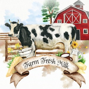 Watercolor Farm Clipart Cow Milk Clip Art Barn Dairy Products Cow Country Rustic Watercolor Clip Illustration Country Design Farmhouse