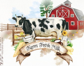 Watercolor Farm Clipart Cow Milk Clip Art Barn Dairy Products Cow Country Rustic Watercolor Clip Illustration Country Design Farmhouse