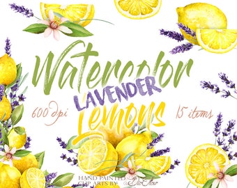 Lavender Lemon Clipart Watercolor Clip Art Flowers Citrus Lavender Yellow Lilac Purple Lavandula Flower Invitation Wedding - Lavender Lemon
