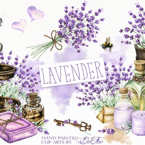 Acuarela lavanda Clipart Vintage Lavandula Clip Art flor púrpura boda rústica invitación ilustración corona cubo aceite de lavanda