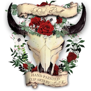 Clipart de rosa roja de acuarela, corona de calavera de toro, clip art bohemio de rosas de vaca, flor gótica, guirnalda bohemia, ilustración de invitación de boda, papel