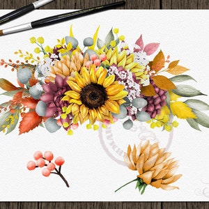 May include: Watercolor painting of a bouquet of fall flowers, including sunflowers, dahlias, and berries. The flowers are arranged in a loose, natural style and are painted in shades of yellow, orange, red, and green.