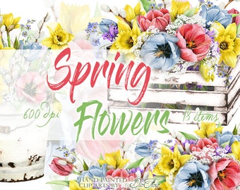 Watercolor Spring Flowers Clipart Daffodil Clip Art Tulip Rustic Mason Jar Cart Bucket Spring Wedding Invitation Illustration Vector Flower