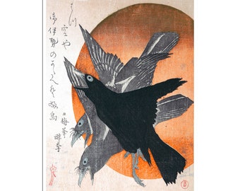Decoración de arte de cuervo, arte de pared de cuervo asiático, póster japonés, decoración de arte retro japonés (J165)