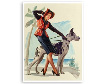 May include: A woman in a red and black plaid vest and a black skirt walks with a large Great Dane dog on a leash. The woman is wearing a hat and has red hair. The dog is black and white with spots. The background is a blue sky with white clouds and a palm tree.