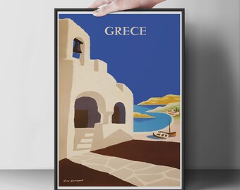 Vintage reisposter Griekenland, mediterraan landschap muurkunst, blauw-witte architectuur