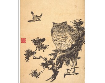 Póster de búho, grabado en madera japonés, Utagawa Toyohiro Art Japan Decor (CH51)a
