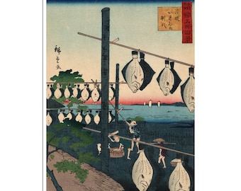 Póster de pez plano seco con decoración asiática con impresión ukiyo-e, arte de Utagawa Hiroshige, década de 1800 (J99)a