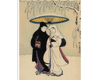 Impresión Ukiyo-e Decoración japonesa Póster antiguo de Japón Suzuki Harunobu Amantes bajo la nieve (J107)a