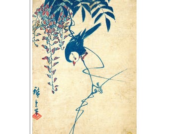 Póster en madera japonés con estampado de aves asiáticas de Utagawa Hiroshige Art (CH40)a