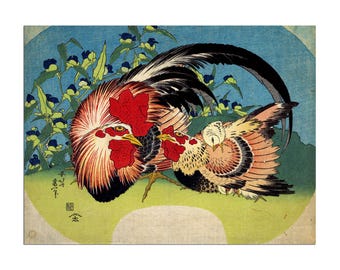 Rooster Print Hen Art Japanese Woodblock Painting by Katsushika Hokusai 1832 (J166)a