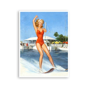Water Skiing Art Vintage Pin Up Girls Print Water Skier Poster Man Cave Art Super Quality Art and Paper Frame It Yourself Sizes (PN52)