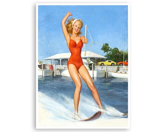 Sci d'acqua Art Vintage Pin Up Girls Print Water Skier Poster Man Cave Art Arte di qualità eccellente e cornice di carta da soli Dimensioni (PN52)