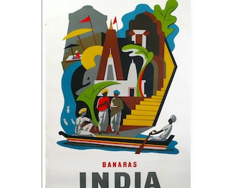 Póster de viaje de Varanasi, impresión de la India, arte de Benarés (AJT27)a