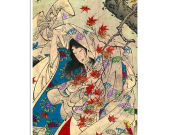 Ukiyo-e Impresión Arte japonés en xilografía Tsukioka Yoshitoshi Hoja de arce (J66)a