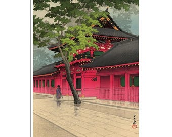 Cartel en madera japonés Kawase Hasui Impresión Después de la lluvia en el santuario de Sanno Arte (J334)a