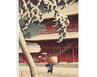 Impresión en madera de arte japonés Hasui Kawase, póster ukiyo-e del templo Zojoji (J429)a