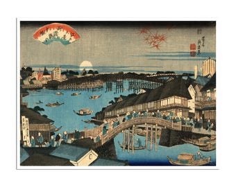 Grabado en madera japonés Cartel japonés Arte Keisai Eisen 1848 Resplandor del atardecer en el puente Ryogoku (J97)a