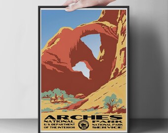 Arches National Park vintage reisposter, nationaal park kunst, landschap muurkunst print
