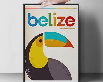 Levendige reisposter Belize, muurkunst kleurrijke toekan, vintage decor tropische print