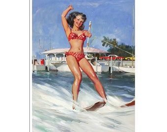 Lake House Art Vintage Pin-Up Girl Poster Water Skier Print (PN100)
