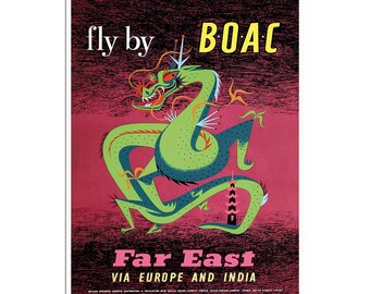 Póster de viaje asiático con arte del dragón BOAC Impresión del Lejano Oriente (AJT35)a