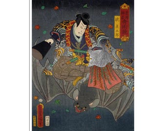 Impresión en madera japonesa Arte samurái japonés Póster de murciélago Utagawa KUNISADA (J439)a