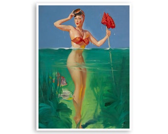 Impresión vintage de chicas pin-up para el arte de la piscina en la casa del lago, póster decorativo para la cueva del hombre, impresión de bellas artes y papel grueso, enmarcado en tamaños (PN60)