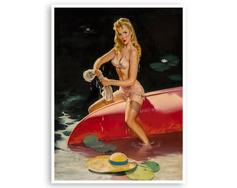 May include: A woman in a pink swimsuit sits on a red canoe in a lake. She is holding a white cloth and water is dripping from it. There are lily pads in the water and a straw hat on the shore.