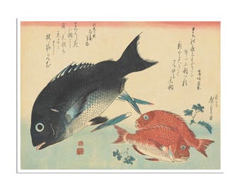 Impresión de pescado japonés Arte de cocina japonés Kurodai y Kodai Fish de Utagawa Hiroshige 1830 (J405)a