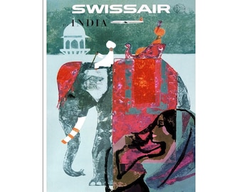 India Travel Poster Elephant Art Indian Print Swissair Sign (AJT159)a