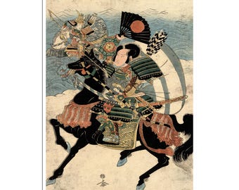 Grabado en madera japonés Póster japonés Guerreros Kumagai Naozane y Taira no Atsumori (J36)a