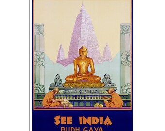 Póster de viaje a la India, arte de Buda Gaya, pintura de Dorothy Newsome, ver impresión de la India (AJT140)a