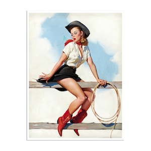 Classic Cowgirl Pin-up Art Print, Vintage Western Framed