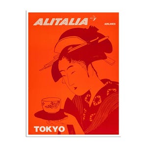 May include: A vintage travel poster for Alitalia Airlines featuring a woman in a traditional Japanese kimono holding a cup of tea. The poster is set against a bright orange background and features the text "Alitalia Airlines" and "Tokyo".