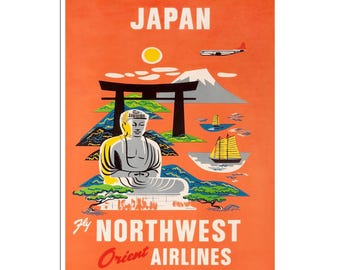 Póster de viaje a Japón Póster Arte japonés Impresión de Northwest Orient Airlines (AJT197)a