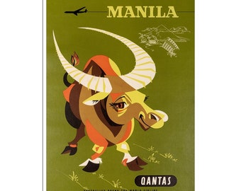 Póster de viaje de Manila, arte filipino, impresión de Qantas Airlines (AJT231)a