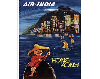 Póster de viaje a Hong Kong, impresión de Air India, arte chino (AJT34)a