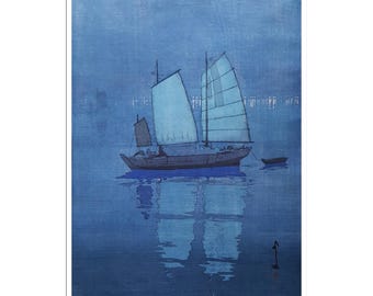 Impresión en madera japonesa de un velero por la noche, obra de Yoshida Hiroshi, póster para ukiyo-e (J457)