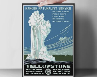 Vintage poster Yellowstone National Park, kunst aan de muur boswachter natuuronderzoeker, natuurwandelingen, reizen