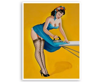 May include: A woman in a blue dress and black polka dot stockings is ironing a piece of fabric on a white ironing board. She is wearing a flower crown and has her hair pulled back. The background is a bright yellow.