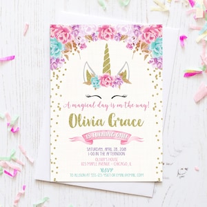 Unicorn birthday invitation, magical unicorn face girl 1st first birthday invite, pink and gold unicorn printable or printed invitations