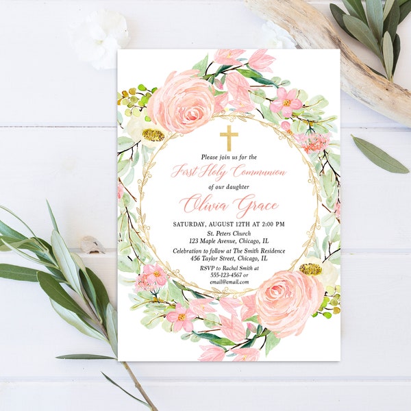 First Communion invitation girl, Blush pink and gold First Holy Communion invite, Pink greenery floral watercolors printed or printable