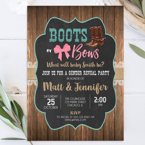 Boots or Bows Gender Reveal Invitation Editable Template | Etsy