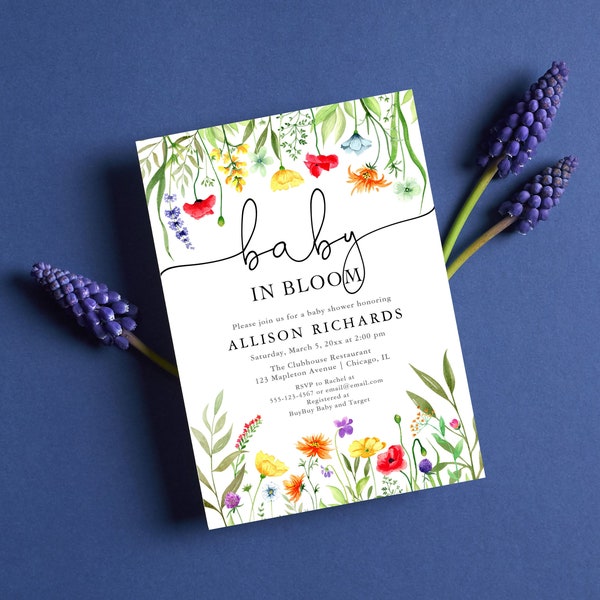 Baby in Bloom Colorful wildflowers girl baby shower invitation, spring purple red orange yellow printable or printed baby shower invites